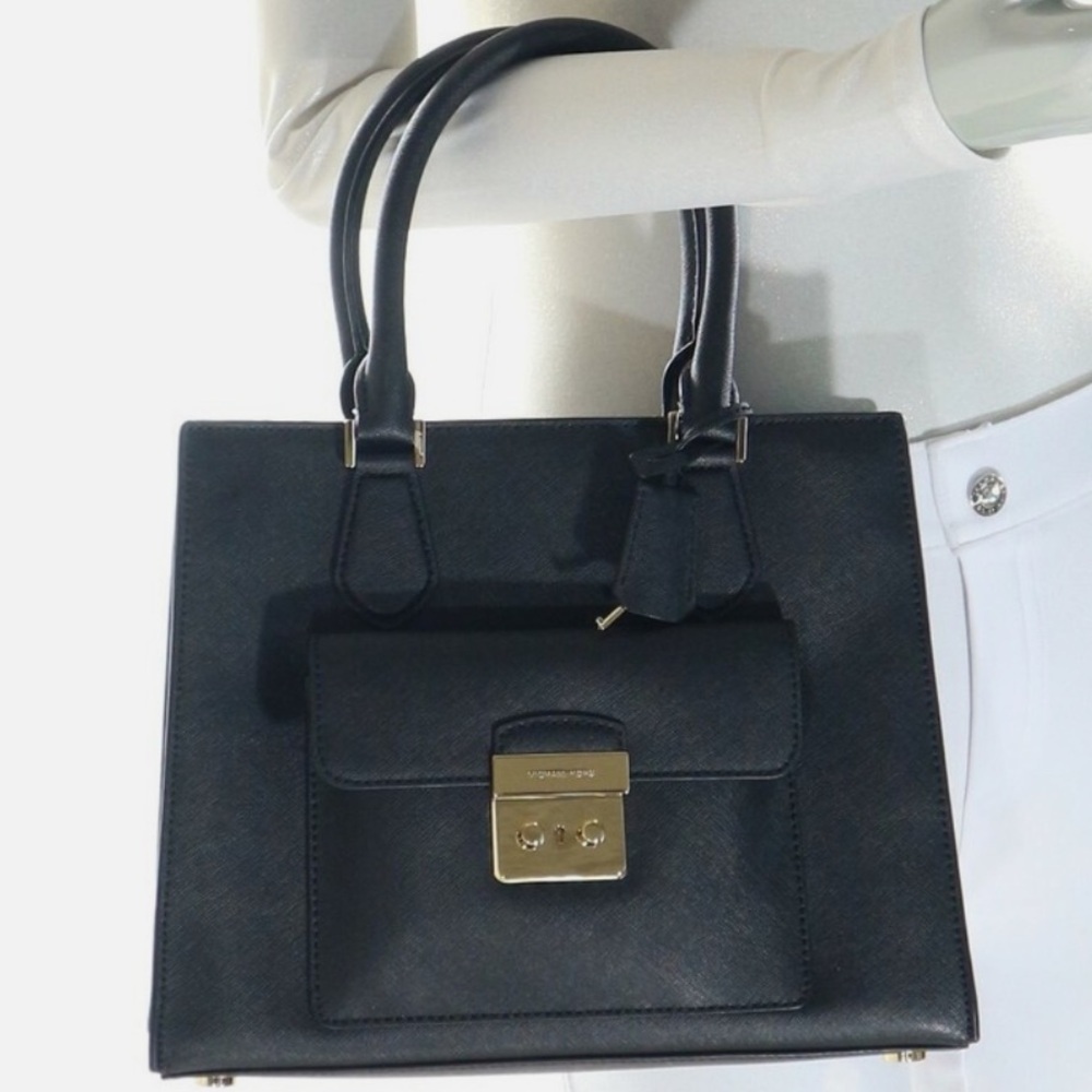 Michael Michael Kors Bridgette Medium East West Leather Tote Bag Black Gold - Picture 2 of 15